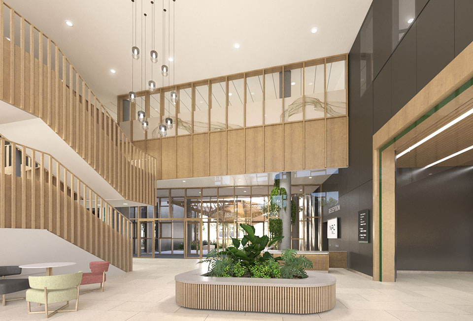 A computer generated image of the National Rehabilitation Centre atrium - high ceiling with hanging pendant lights, a central seating area with indoor plans and a wood panels balcony